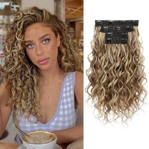 16” Curly Clip-In Hair‎ Extensions — 4PCS Brown w/ Blonde Highlights
